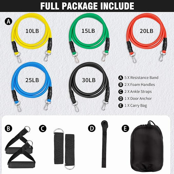 11-Piece Resistance Band Set – Adjustable Full Body Workout Bands with Handles, Ankle Straps & Door Anchor