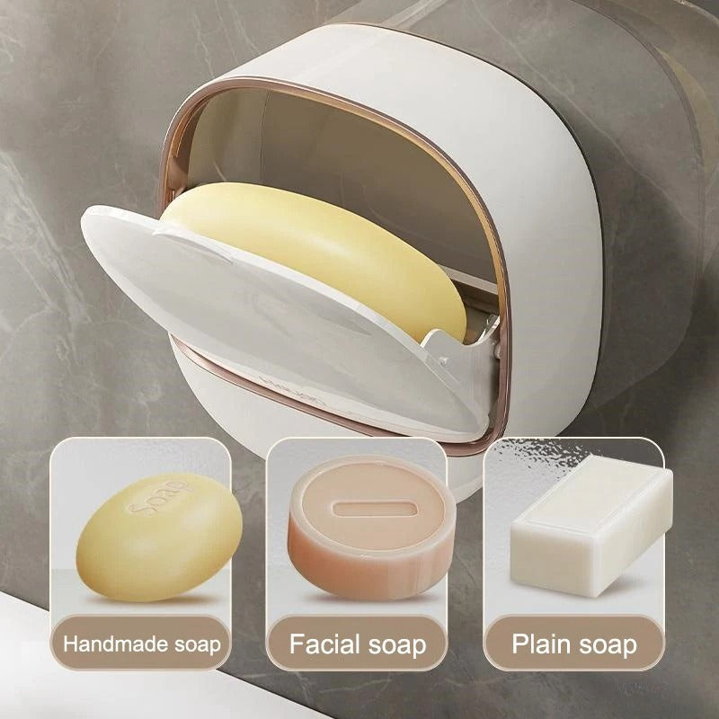 Wall Mounted Soap Dish with Lid & Drain Tray | Bathroom Soap Box