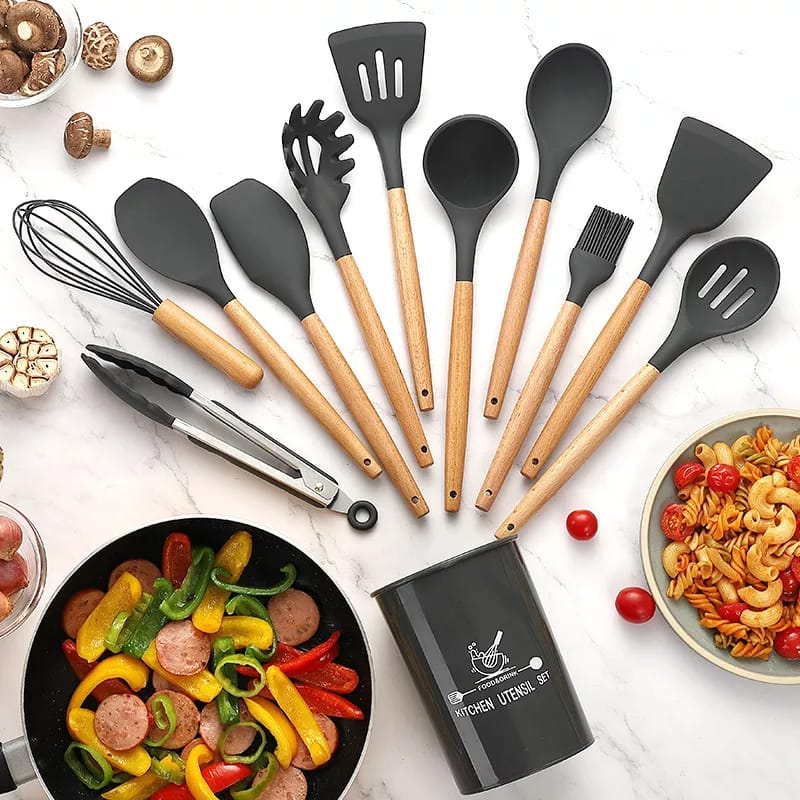 Premium 12-Piece Silicone Cooking Utensils Set with Wooden Handles