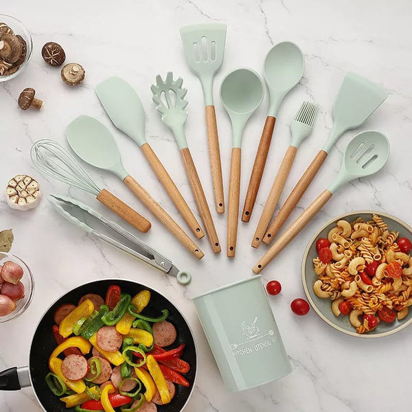 Premium 12-Piece Silicone Cooking Utensils Set with Wooden Handles