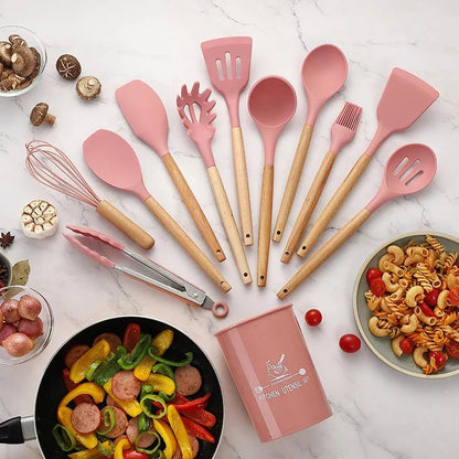 Premium 12-Piece Silicone Cooking Utensils Set with Wooden Handles