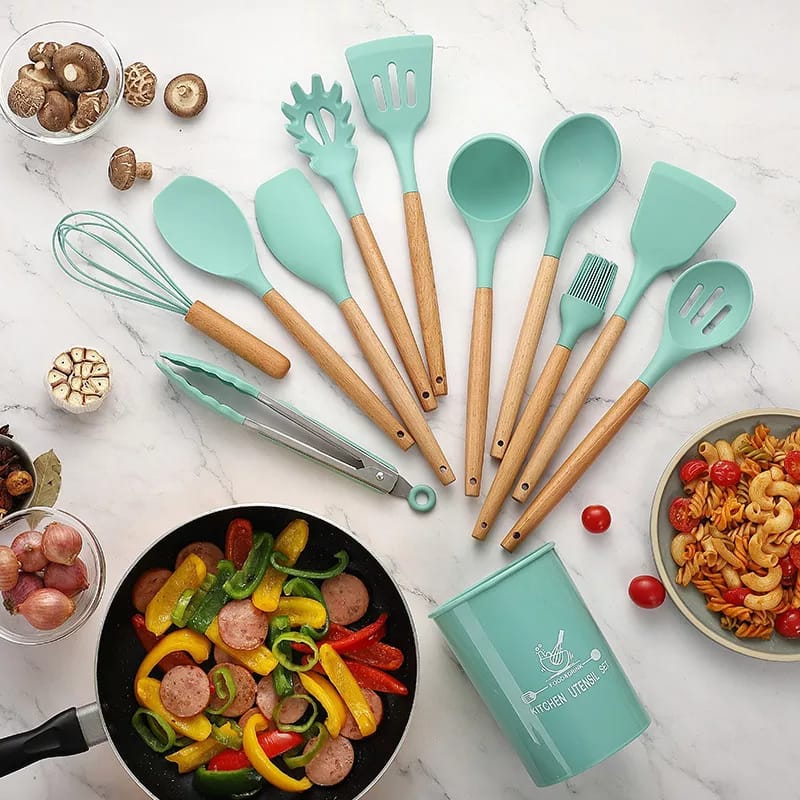 Premium 12-Piece Silicone Cooking Utensils Set with Wooden Handles