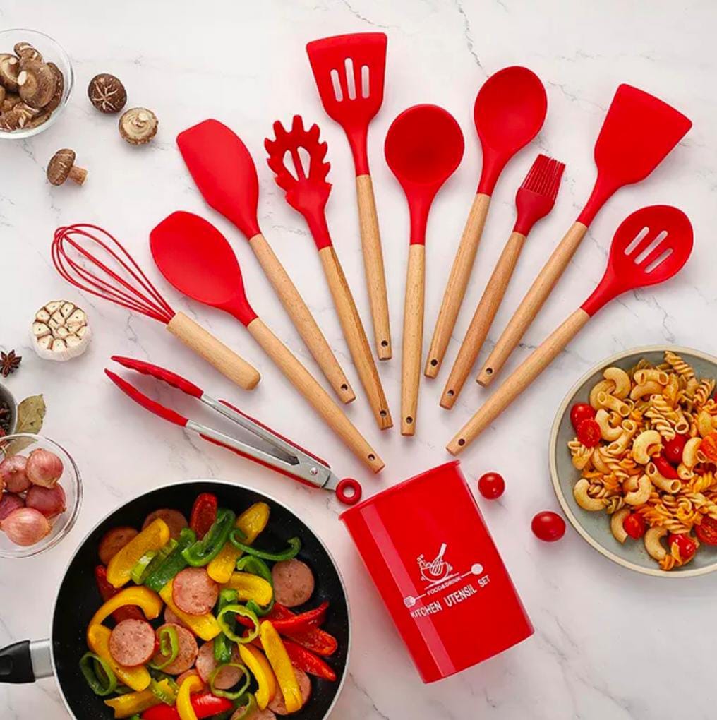 Premium 12-Piece Silicone Cooking Utensils Set with Wooden Handles