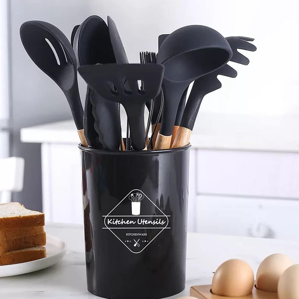 Premium 12-Piece Silicone Cooking Utensils Set with Wooden Handles