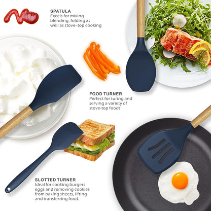 Premium 12-Piece Silicone Cooking Utensils Set with Wooden Handles