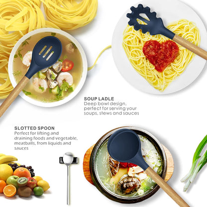 Premium 12-Piece Silicone Cooking Utensils Set with Wooden Handles