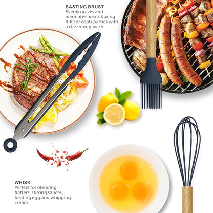 Premium 12-Piece Silicone Cooking Utensils Set with Wooden Handles
