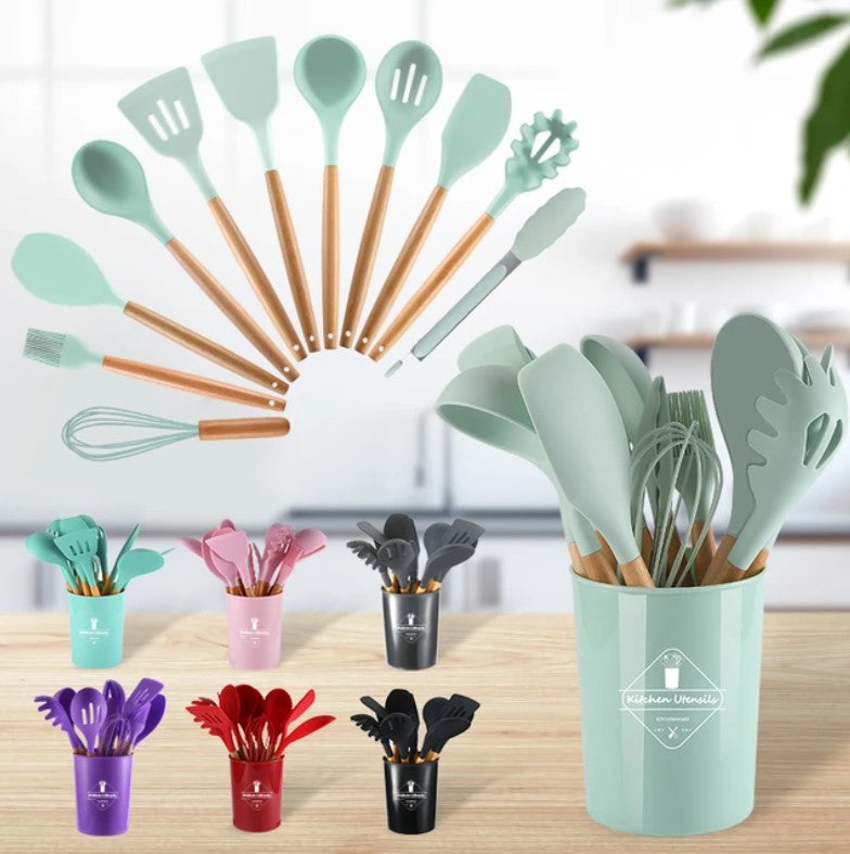 Premium 12-Piece Silicone Cooking Utensils Set with Wooden Handles