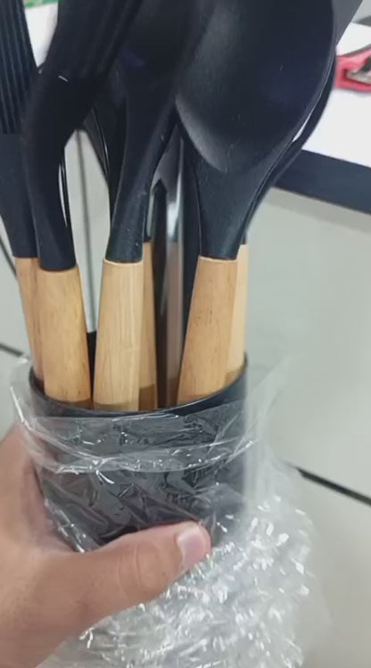 Premium 12-Piece Silicone Cooking Utensils Set with Wooden Handles